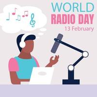 illustration vector graphic of a male radio announcer is singing in the studio, perfect for international day, world radio day, celebrate, greeting card, etc.