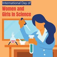 illustration vector graphic of a woman is testing a sample into a sample tube, perfect for international day, women and girls in science, celebrate, greeting card, etc.