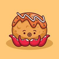 lindo pulpo con ilustración de takoyaki en diseño plano vector