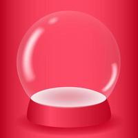 Empty transparent snow globe 3D on a red background. White podium under a glass dome for product promotion. Design element for winter holidays. Vector illustration.