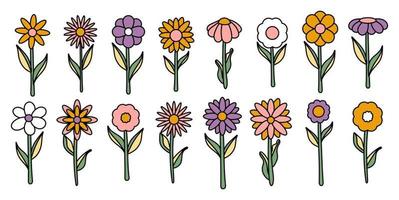 Collection of simple blooming flowers in 1970s psychedelic hippie style. Set of graphic stickers in retro design. groovy background. editable stroke isolated vector illustration