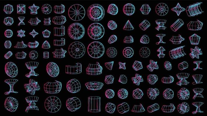 Set of abstract geometric technology elements in cyberpunk style. Retro vintage collection 3d virtual digital design. Texture 80s vr. Futuristic metaverse pattern. Vector isolated template background