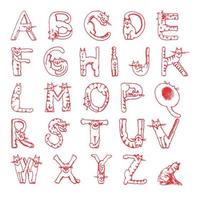 Cat alphabet vector design set. Cats font, cute Red  and white alphabet, numbers. Creative set of characters, kittens pictured in a variety of poses.