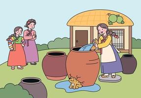 Kongjwi and Patjwi Traditional fairy tale. A good girl is pouring water into a broken jar. The girl with her bad mom is watching her. vector