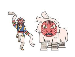 danza de máscaras tradicional coreana. uno que baila agitando una tela larga y otro que lleva una gran máscara de león. vector