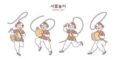 Korean traditional music Samulnori. Cute performers are excitedly performing by spinning ribbons above their heads. vector