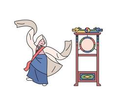 danza tradicional coreana seungmu. una mujer que realiza una danza ritual budista con una tela larga que revolotea. hay un tambor junto a ella. vector