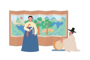 A singer wearing a hanbok is singing. The conductor is beating the drums. vector
