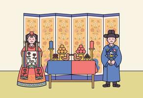 Korean traditional wedding. Groom and bride characters in wedding attire. There is a food table in the middle of them and a folding screen in the background. vector