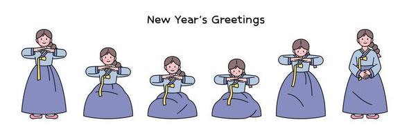 Korean traditional greeting. Step-by-step explanation of how to greet the New Year. Cute girl wearing hanbok. vector