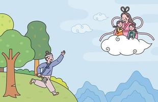 A fairy tale about the fairy and the woodcutter. A fairy riding a cloud with her children and a woodcutter following them. vector