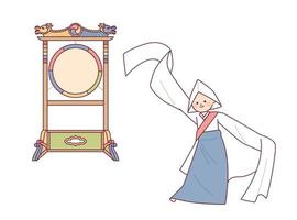 A dancer dancing a seungmu while blowing a long stream. There is a traditional Korean dress next to it. vector