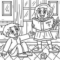 Christian Children Reading Bible Coloring Page vector