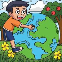 Earth Day Child Embracing Earth Colored Cartoon vector