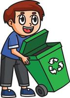 niño del día de la tierra sosteniendo un bote de basura de dibujos animados vector