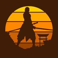 samurai japón espada caballero logo diseño colorido con fondo oscuro. fondo azul marino aislado para camisetas, afiches, prendas de vestir, merchandising, prendas de vestir, diseño de insignias vector