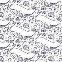 pattern of blue whales with seashells and stars. Kids cloths, background, pattern, design, fabric. vector