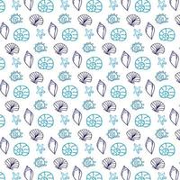 Vector pattern with blue sea shells. Hand drawn vintage sketch elements of engraving. Nautical background. Can use for pack, paper, wallpaper.