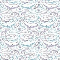 pattern of blue whales with seashells and stars. Kids cloths, background, pattern, design, fabric. vector