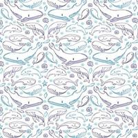 pattern of blue whales with seashells and stars. Kids cloths, background, pattern, design, fabric. vector