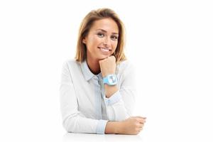 Portrait of happy woman isolated over white background photo