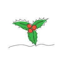 One line drawing holly berry leaves. Modern continuous line art, aesthetic contour. Christmas plant for greeting cards, t-shirt prints, poster, sticker, logo. Vector illustration