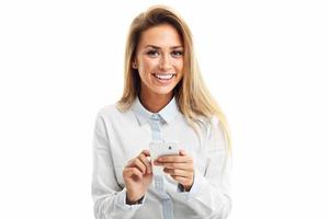 Portrait of Beautiful Young Business woman using mobile phone isolated on white background photo