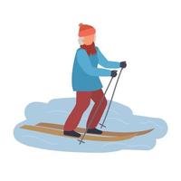 Older woman skiing. Elderly female winter activity. Old lady healthy lifestyle. Retired granny moving. Cheerful senior pensioner leisure. Active fun grandmother vector eps illustration