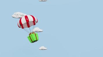 pára-quedas com caixa de presente verde flutuando na nuvem e céu isolado em fundo azul. animação 3d video