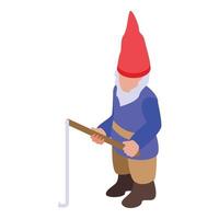 Gnome with fishing rod icon, isometric style vector