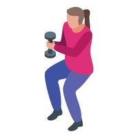 icono de mancuerna de mujer de entrenamiento en casa, estilo isométrico vector