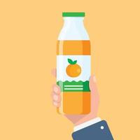 Orange juice in hand icon in flat style. Fruit beverage vector illustration on isolated background. Citrus drink sign business concept.