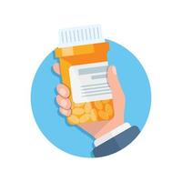 Pill bottle in hand illustration in flat style. Medical capsules vector illustration on white isolated background. Pharmacy sign business concept.