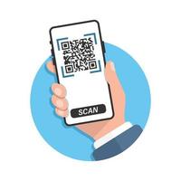 ilustración de escaneo de código qr en estilo plano. Ilustración de vector de escaneo de teléfono móvil sobre fondo aislado. lector de código de barras en concepto de negocio de signo de mano.