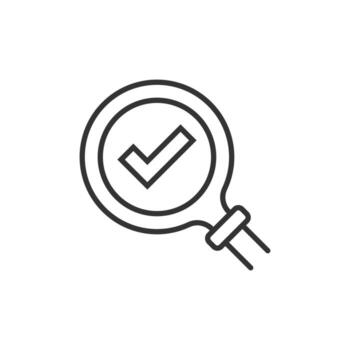 Check mark with magnifying glass icon in flat style. Loupe accept vector illustration on white isolated background. Search checklist business concept.