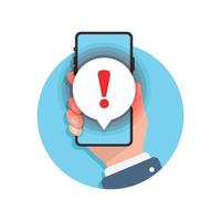 Phone notifications icon in flat style. Smartphone with exclamation point in hand vector illustration on isolated background. Spam message sign business concept.