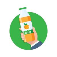 Orange juice in hand icon in flat style. Fruit beverage vector illustration on isolated background. Citrus drink sign business concept.