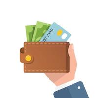Wallet with money in hand illustration in flat style. Online payment vector illustration on isolated background. Cash and purse sign business concept.