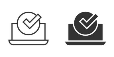 Laptop check mark icon in flat style. Computer approval vector illustration on white isolated background. Confirm business concept.