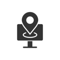 Computer navigation icon in flat style. Monitor pin gps vector illustration on white isolated background. City area location business concept.