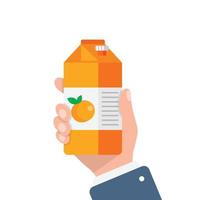 Orange juice in hand icon in flat style. Fruit beverage vector illustration on isolated background. Citrus drink sign business concept.