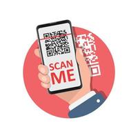 QR code scan illustration in flat style. Mobile phone scanning vector illustration on isolated background. Barcode reader in hand sign business concept.