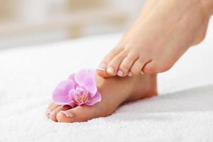 Soft female feet with french pedicure and flowers close up photo