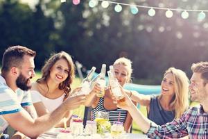 Friends having barbecue party in backyard photo