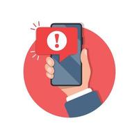 Phone notifications icon in flat style. Smartphone with exclamation point in hand vector illustration on isolated background. Spam message sign business concept.