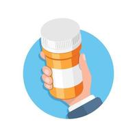 Pill bottle in hand illustration in flat style. Medical capsules vector illustration on white isolated background. Pharmacy sign business concept.