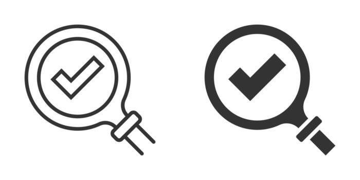Check mark with magnifying glass icon in flat style. Loupe accept vector illustration on white isolated background. Search checklist business concept.