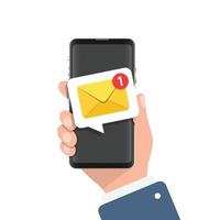 Hand holding smartphone icon in flat style. Incoming message vector illustration on isolated background. Email notification sign business concept.