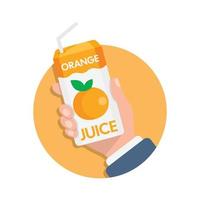 Orange juice in hand icon in flat style. Fruit beverage vector illustration on isolated background. Citrus drink sign business concept.