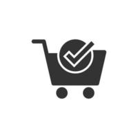 Shopping cart check mark icon in flat style. Buy approval vector illustration on white isolated background. Confirm business concept.